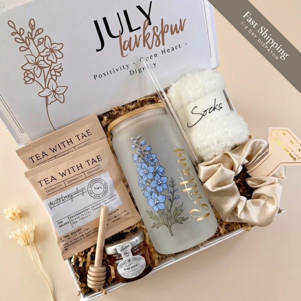 Personalized birthday gift box for her – Gentle Bloom with birth flower name tumbler and cozy socks