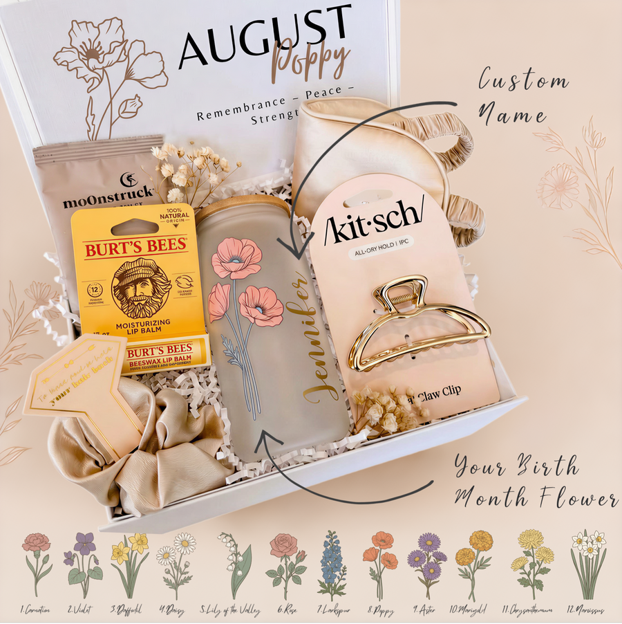 Birth Flower Self Care Gift Set for Her, Personalized Tumbler, Cocoa & Lip Balm – Self-Care