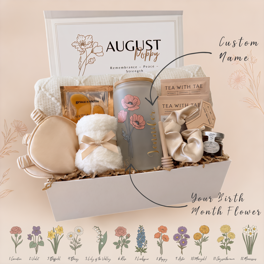 Birth Flower Gift Basket for Her, Personalized Tumbler & Throw Blanket, Luxury Spa Set – Deluxe