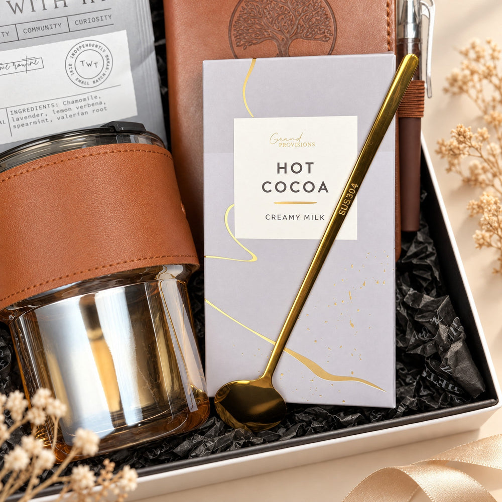 Close-up of the glass cup with leather sleeve, hot cocoa, gold spoon and journal