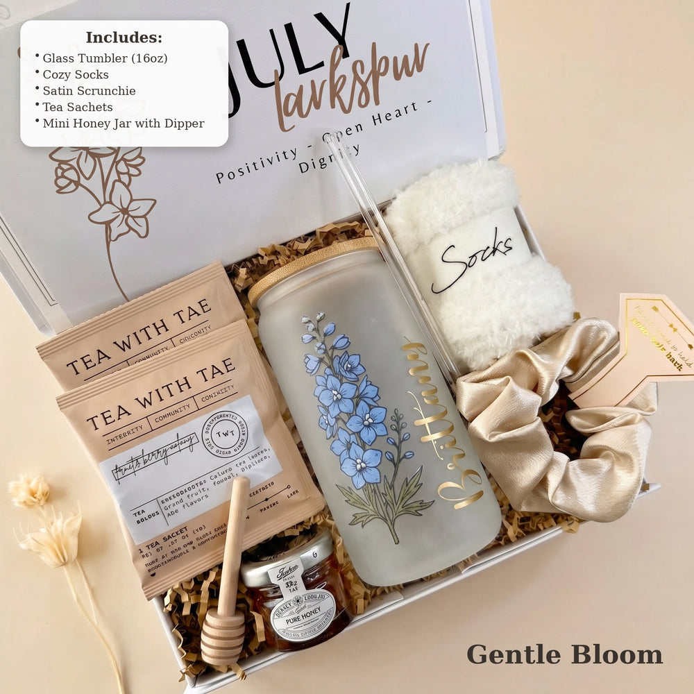 What's inside the Gentle Bloom birthday gift box: tumbler, socks, scrunchie, tea and mini honey jar