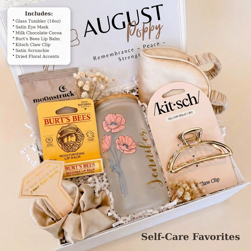What's inside the Self-Care Favorites birthday gift box: tumbler, eye mask, cocoa, lip balm, claw clip and scrunchie
