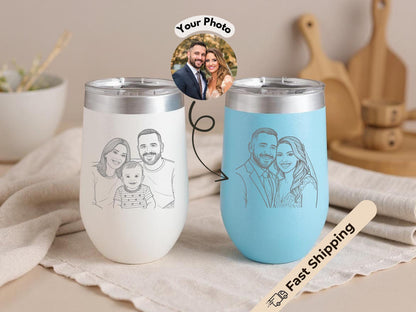 Custom Wine Tumbler from Photo, Engraved Personalized Wine Cup with Lid, Gift for Couple Family or Friends, Custom Photo Tumbler