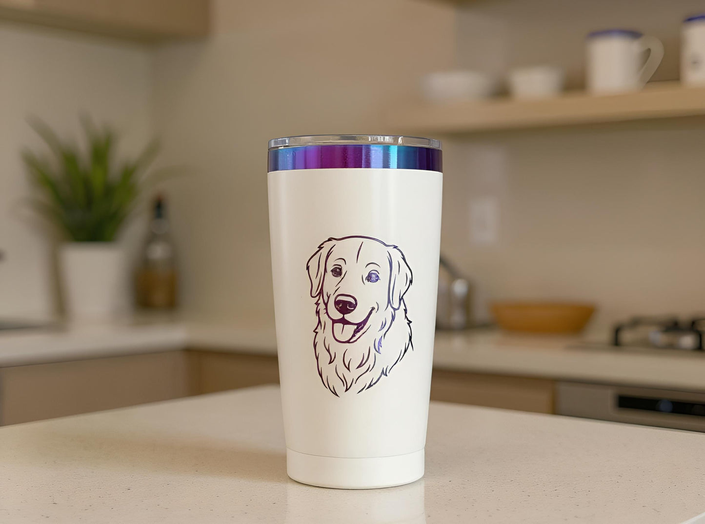 Custom Engraved Pet Tumbler with Iridescent Stainless Steel Art – 20oz Insulated Travel Cup with Sliding Lid – Personalized Pet Lover Gift