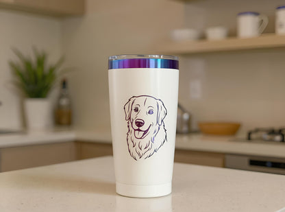 Custom Engraved Pet Tumbler with Iridescent Stainless Steel Art – 20oz Insulated Travel Cup with Sliding Lid – Personalized Pet Lover Gift
