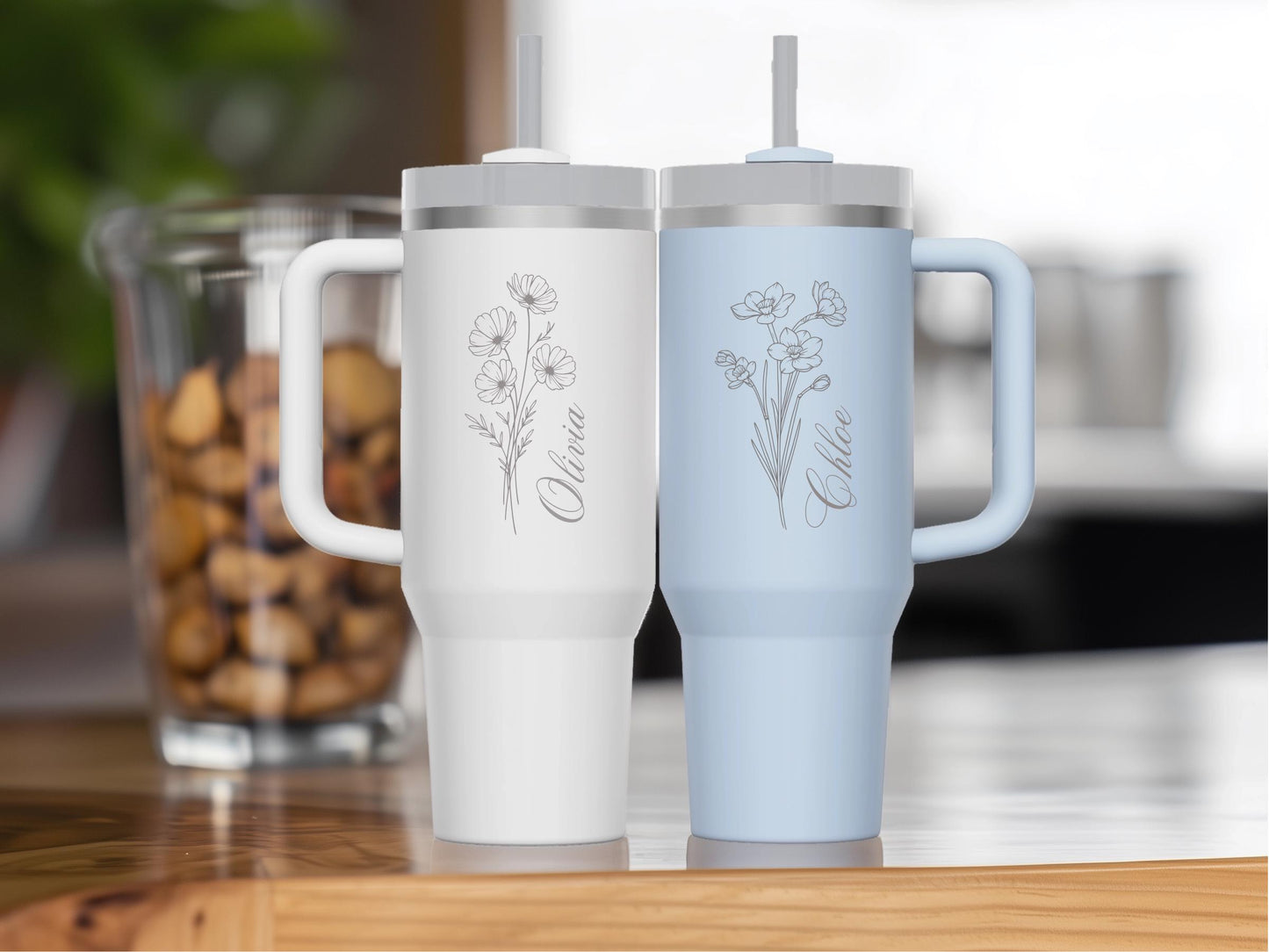 Personalized Birth Flower with Name - Engraved on Stanley