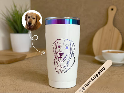 Custom Engraved Pet Tumbler with Iridescent Stainless Steel Art – 20oz Insulated Travel Cup with Sliding Lid – Personalized Pet Lover Gift