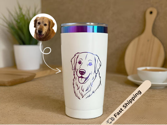 Custom Engraved Pet Tumbler with Iridescent Stainless Steel Art – 20oz Insulated Travel Cup with Sliding Lid – Personalized Pet Lover Gift