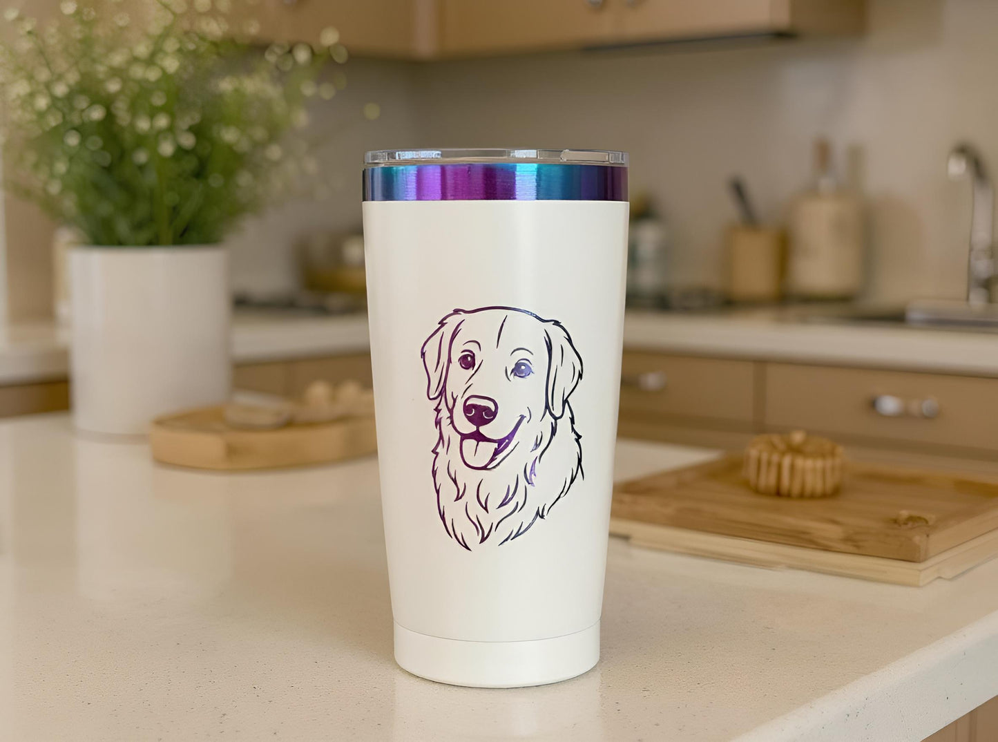 Custom Engraved Pet Tumbler with Iridescent Stainless Steel Art – 20oz Insulated Travel Cup with Sliding Lid – Personalized Pet Lover Gift