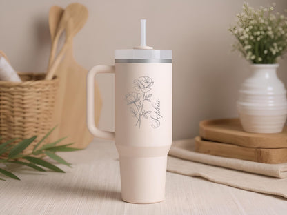 Personalized Birth Flower with Name - Engraved on Stanley
