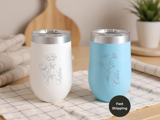 Personalized Birth Flower Tumbler with Name, Custom Floral Bridesmaid Gift, Unique Tumbler for Mom, Her, Wedding Party Favor