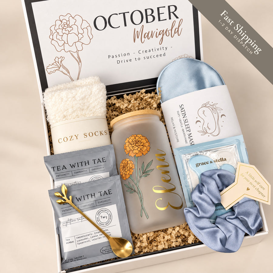Birth Flower Gift Box, Thinking of You Gift for Her, Name Tumbler & Spa Self-Care Set – Blue Essentials