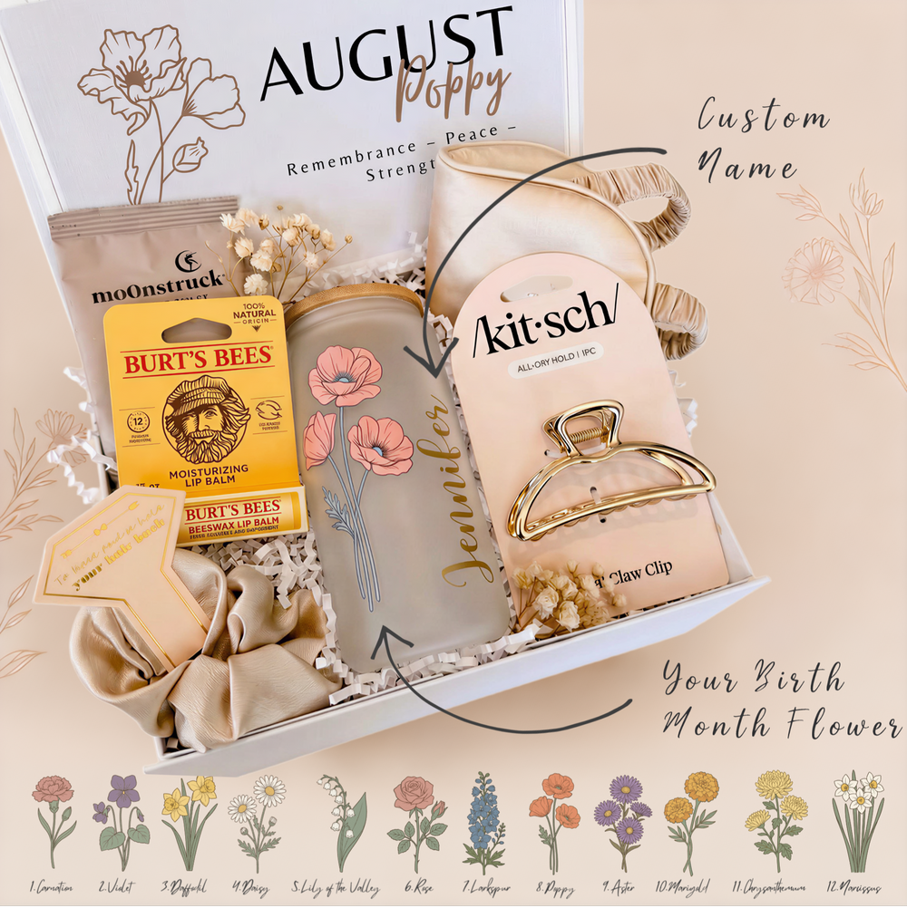 Birth Flower Self Care Gift Set for Her, Personalized Tumbler, Cocoa & Lip Balm – Self-Care