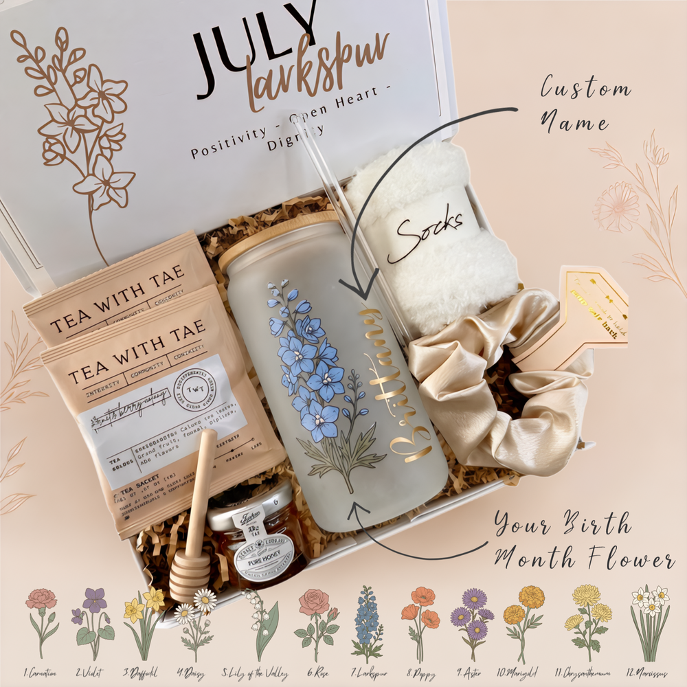 Birth Flower Gift Box, Personalized Birthday Gift for Her, Name Tumbler & Tea – Mini