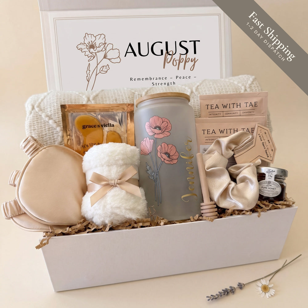 Cozy birthday gift box for her – Soft Bloom Retreat with birth flower name tumbler and throw blanket