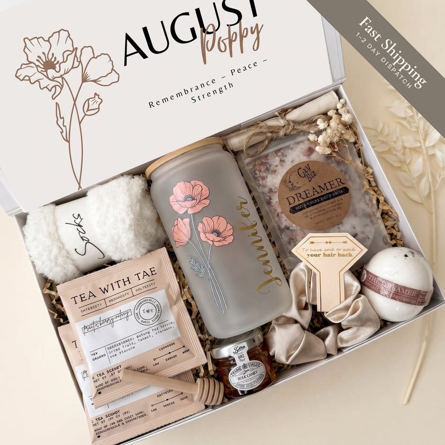 Personalized birthday spa gift box for her – Spa Day with birth flower name tumbler, bath salt and bath bomb