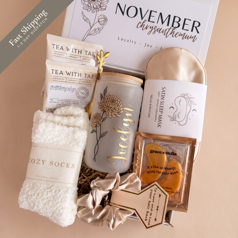Birth Flower Gift Box, Personalized Birthday Gift for Her, Name Tumbler & Spa Self-Care Set – Essentials