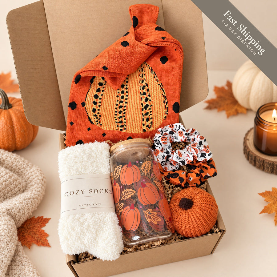 Halloween boo basket gift box with pumpkin tote, glass cup, cozy socks, scrunchies and crochet pumpkin