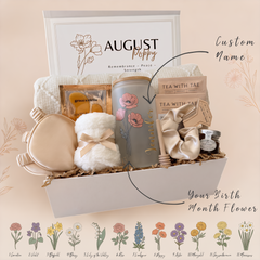 Birth Flower Gift Basket for Her, Personalized Tumbler & Throw Blanket, Luxury Spa Set – Deluxe