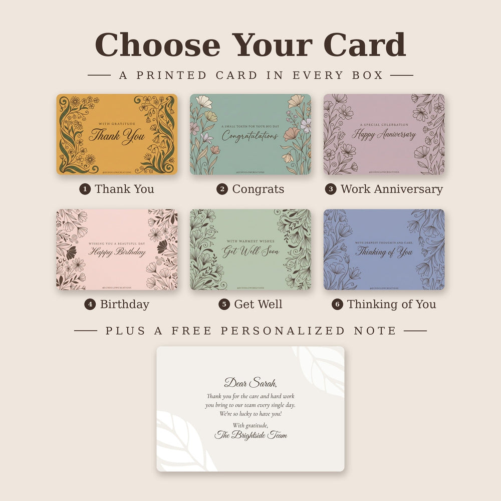 Choose your card: Thank You, Congrats, Work Anniversary, Birthday, Get Well, Thinking of You