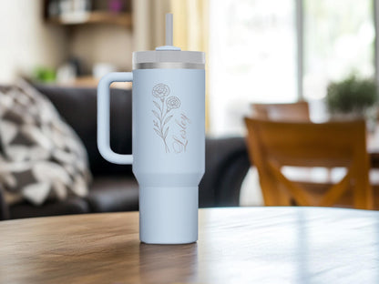 Personalized Birth Flower with Name - Engraved on Stanley