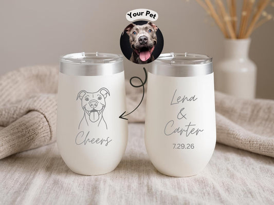 Custom Laser Engraved Wedding Tumbler, Pet Portrait & Couple Names, Personalized Animal Wedding Favor Cups