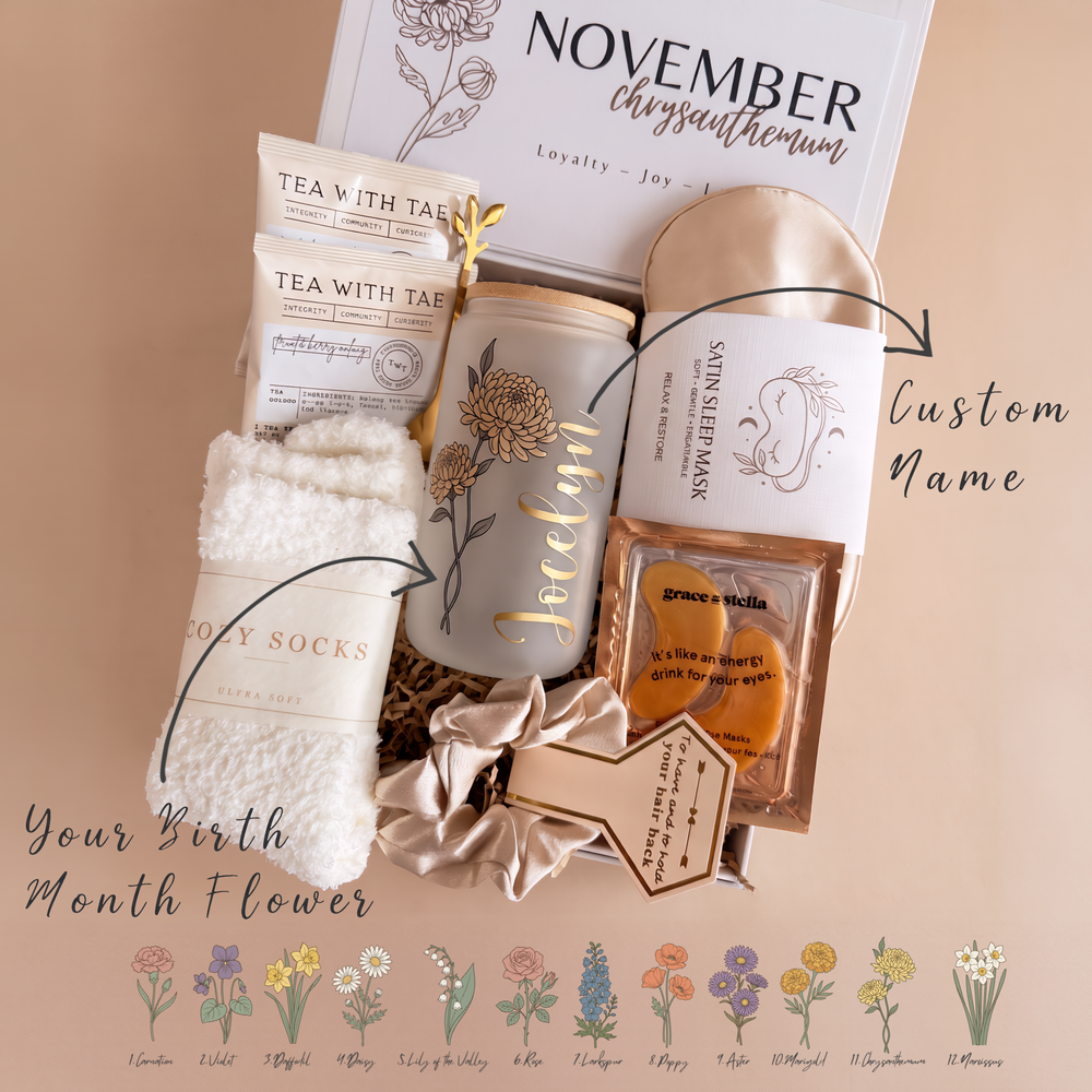 Birth Flower Gift Box, Personalized Birthday Gift for Her, Name Tumbler & Spa Self-Care Set – Essentials