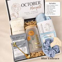 Birth Flower Gift Box, Thinking of You Gift for Her, Name Tumbler & Spa Self-Care Set – Blue Essentials