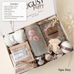 What's inside the Spa Day birthday gift box: tumbler, bath salt, bath bomb, socks, tea and honey