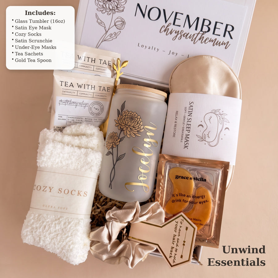 Birth Flower Gift Box, Personalized Birthday Gift for Her, Name Tumbler & Spa Self-Care Set – Essentials