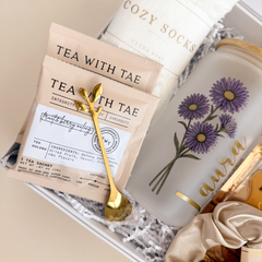 Birth Flower Gift Box, Personalized Birthday Gift for Her, Name Tumbler & Spa Self-Care Set – Essentials